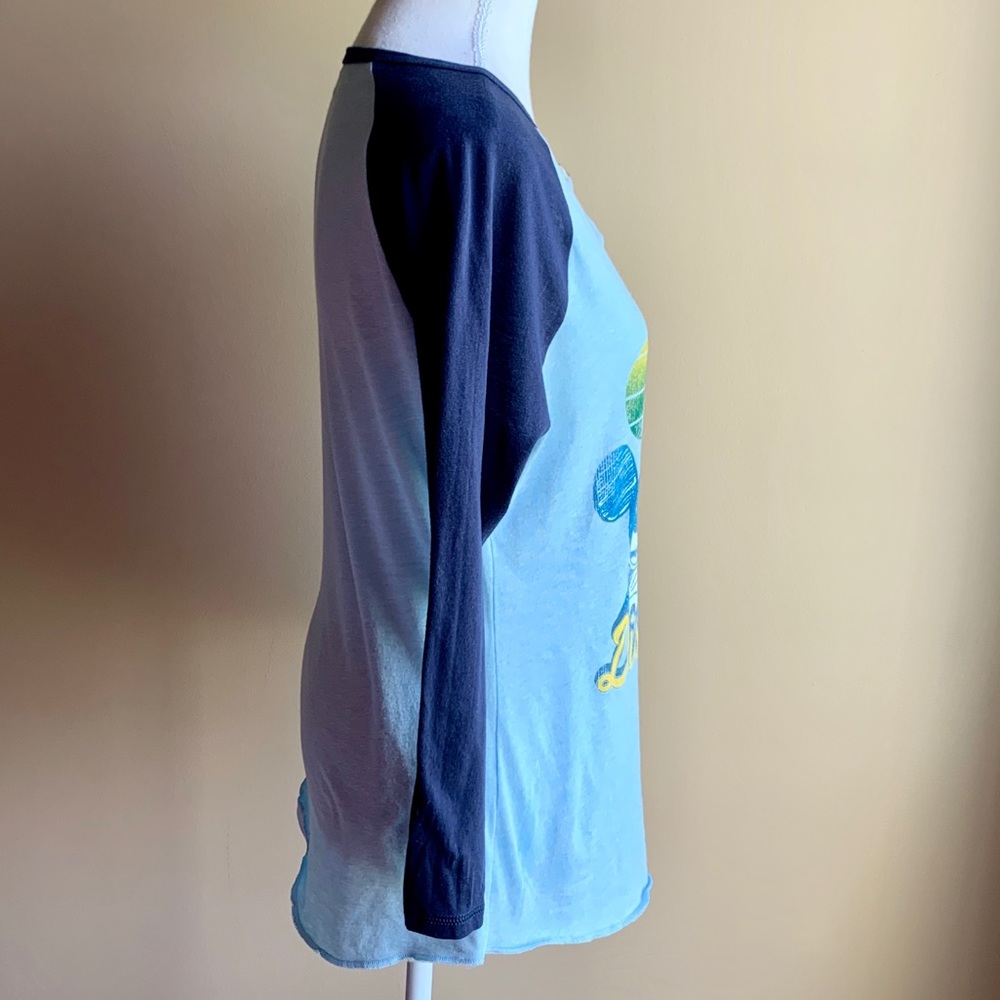 Disneyland Womens Top Mickey Mouse 3/4 Sleeve Henley Raglan Blue Retro Shirt - Picture 4 of 9